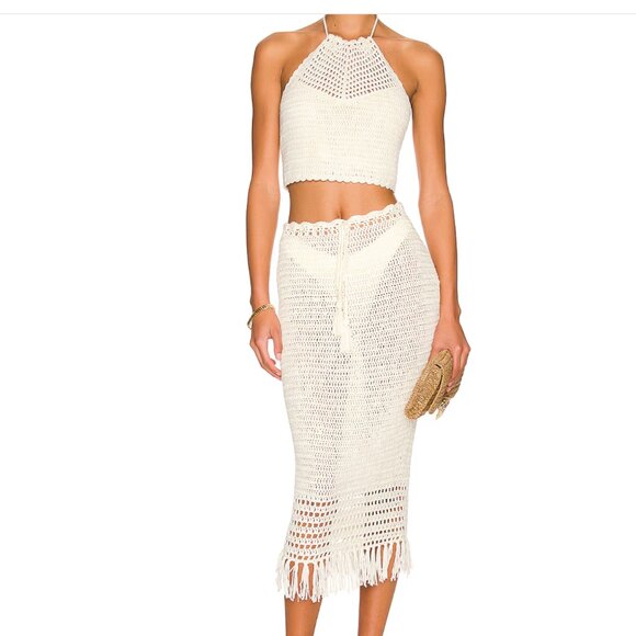 Chic Crochet Halter Top and Midi Skirt Co-ord Set in Ivory - Picture 1 of 7